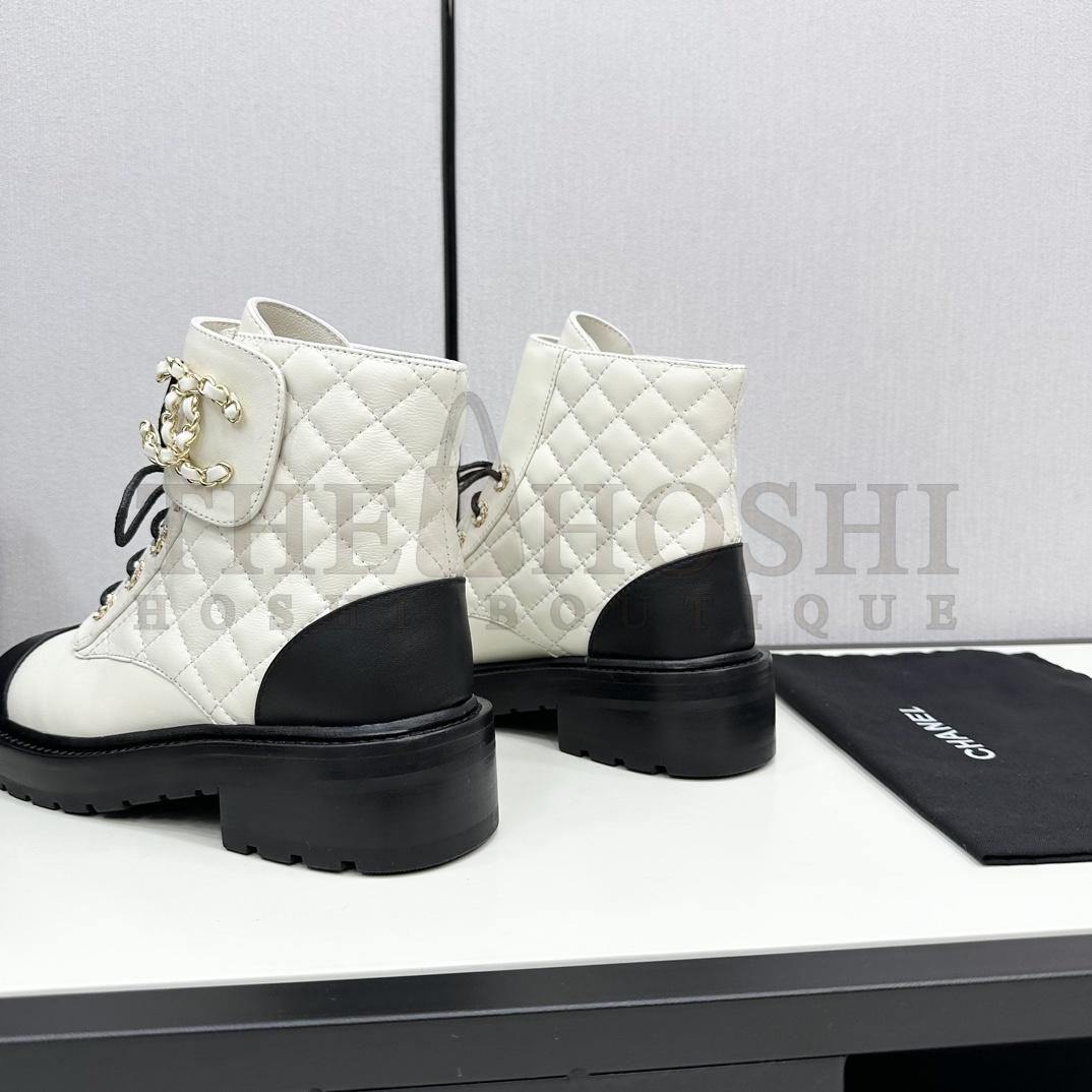 Ch**el  Shiny Lambskin Quilted Lace Up Combat Boots Master Quality