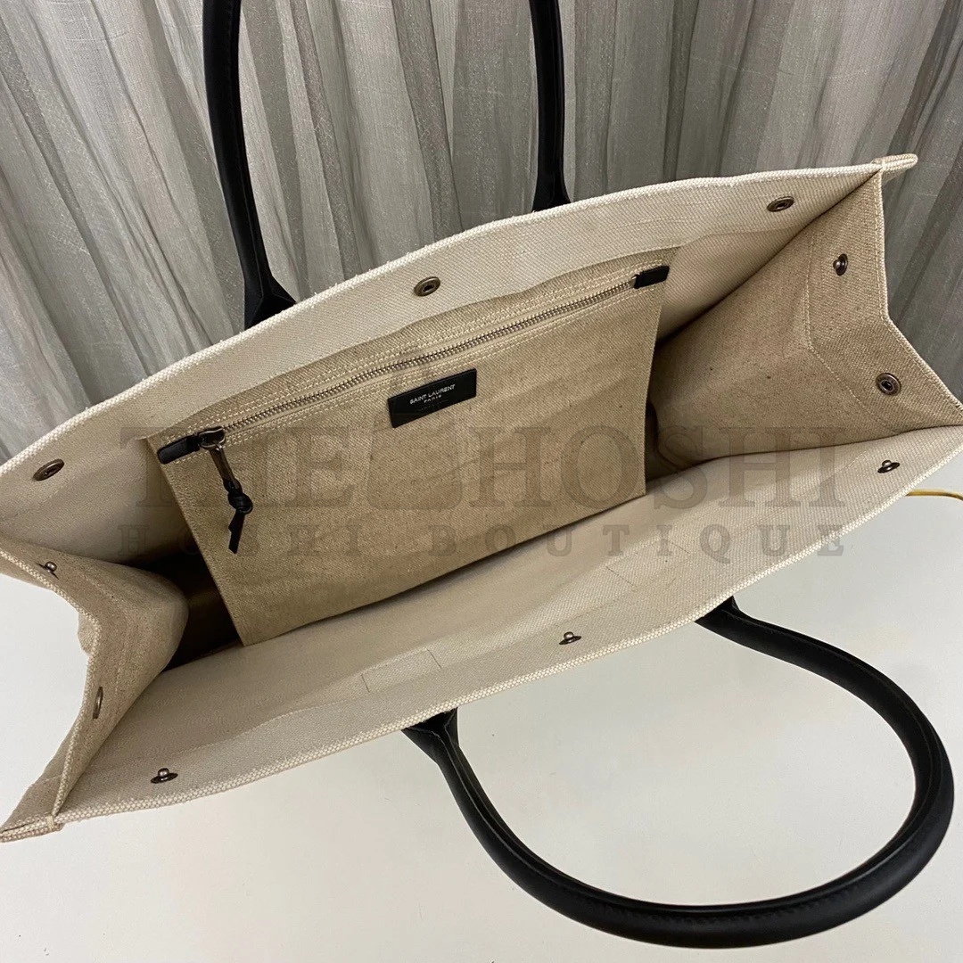 Sa1nt Lau*nt Rive Gauche Tote Bag in White Linen and Black Leather Master Quality
