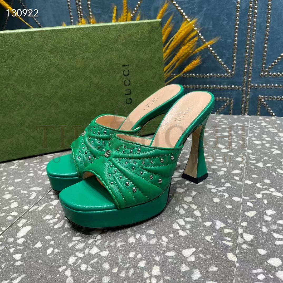 Gvc*1 Women Heeled Slide Sandals Green Leather Studs Spool High 15 Cm Heel Master Quality
