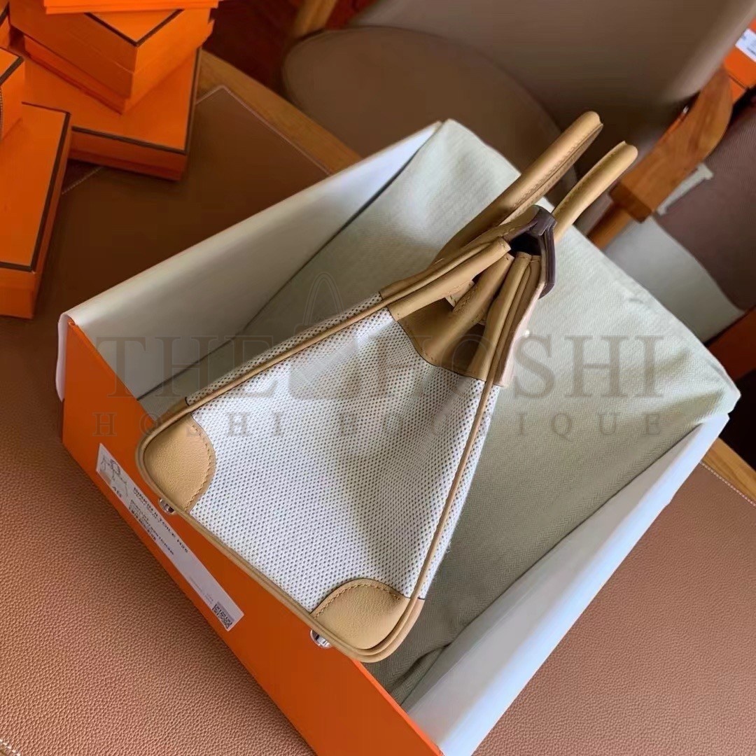 H**me5 Birkin 25 Handmade Bag In Toile &amp; Biscuit Swift Leather Master Quality