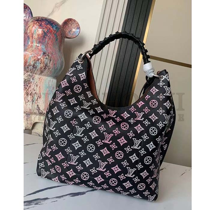 L0vis Vvtt0n LV Women Carmel Hobo Bag Black Perforated Mahina Calf Leather Master Quality
