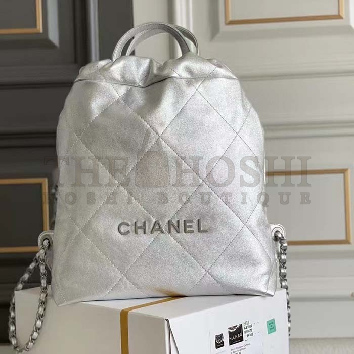 Ch**el Women CC Large Back Pack Ch**el 22 Handbag Metallic Calfskin Silver-Tone Metal Master Quality