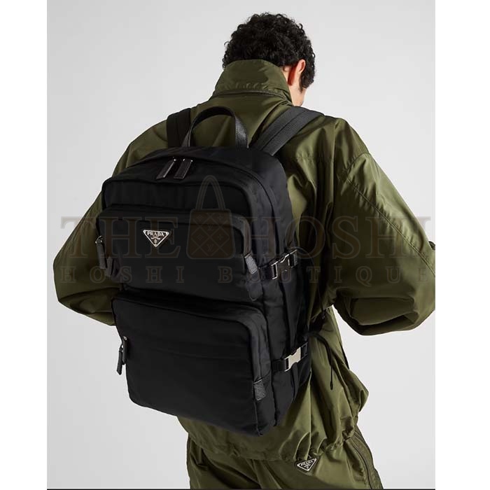 Pra*a Unisex Re-Nylon Saffiano Leather Backpack Black Fabric Zipper Master Quality