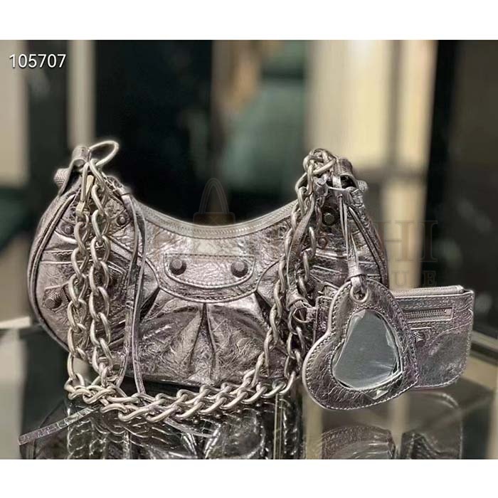 Ba1en*iaga Women BB Le Cagole XS Shoulder Bag Silver Metallized Arena Lambskin Master Quality