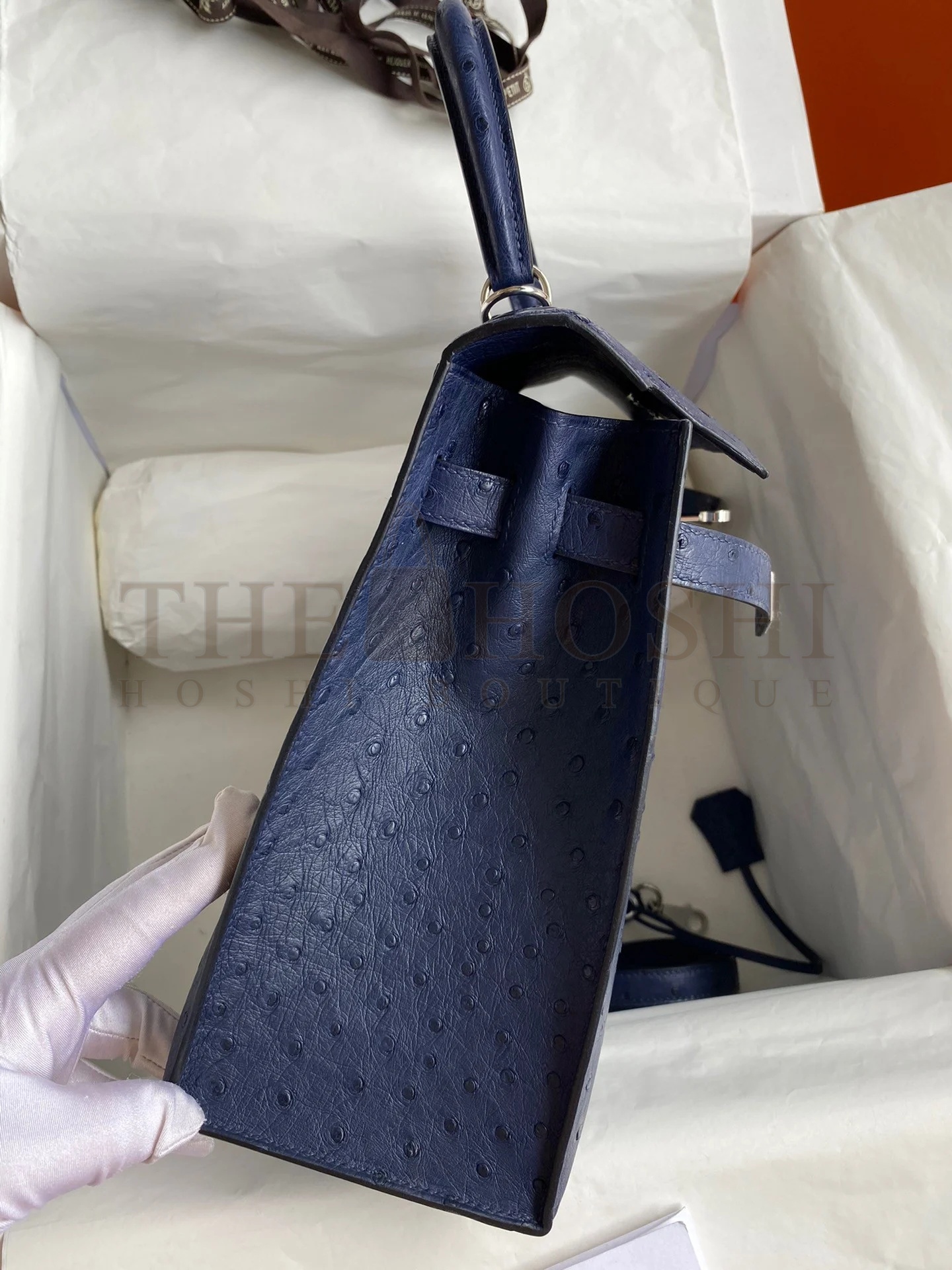 H**me5 Kelly Sellier 32 Handmade Bag In Blue Iris Ostrich Leather Master Quality