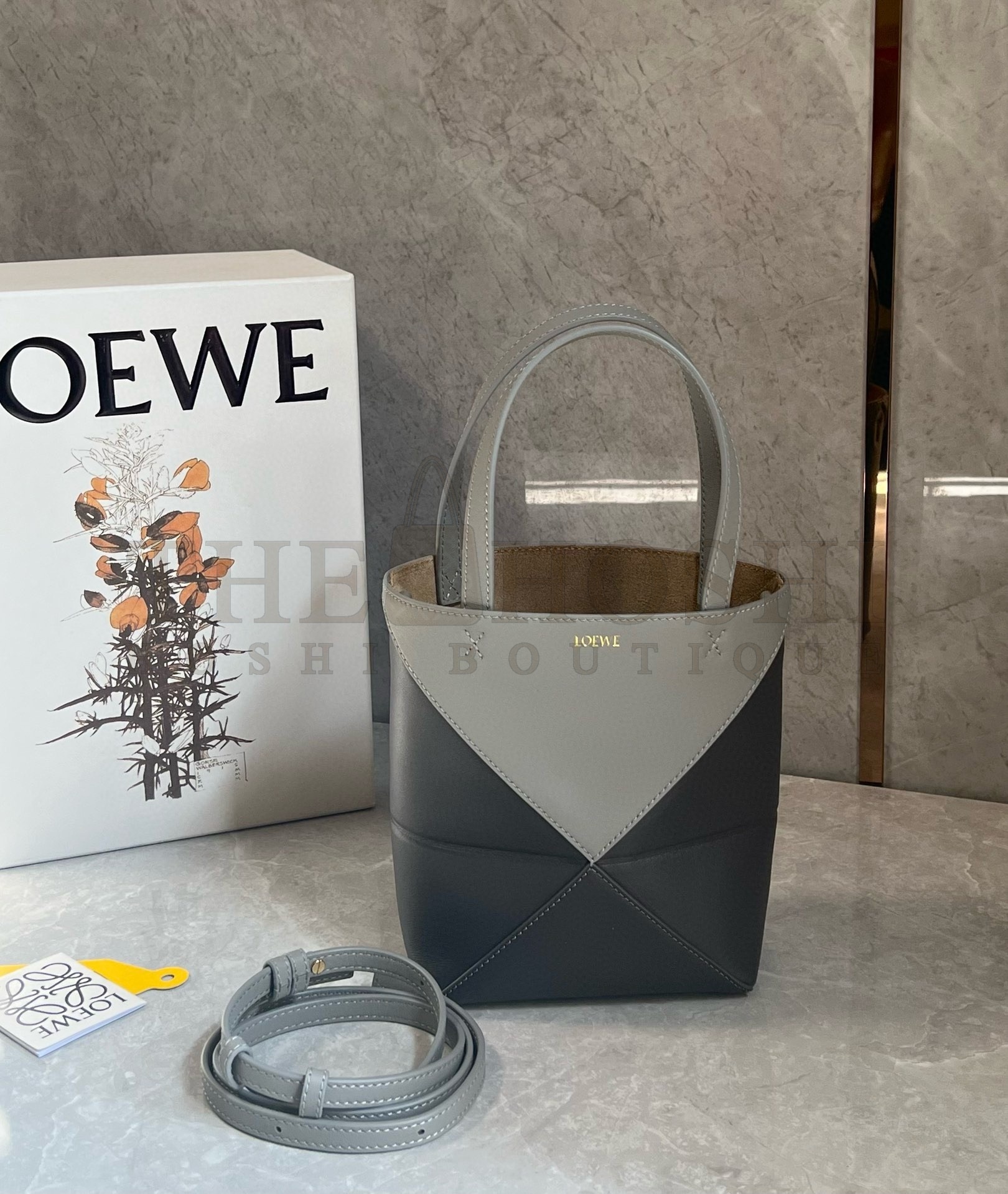 L0ew* Mini Puzzle Fold Tote Bag in Grey/Dark Grey Calfskin Master Quality