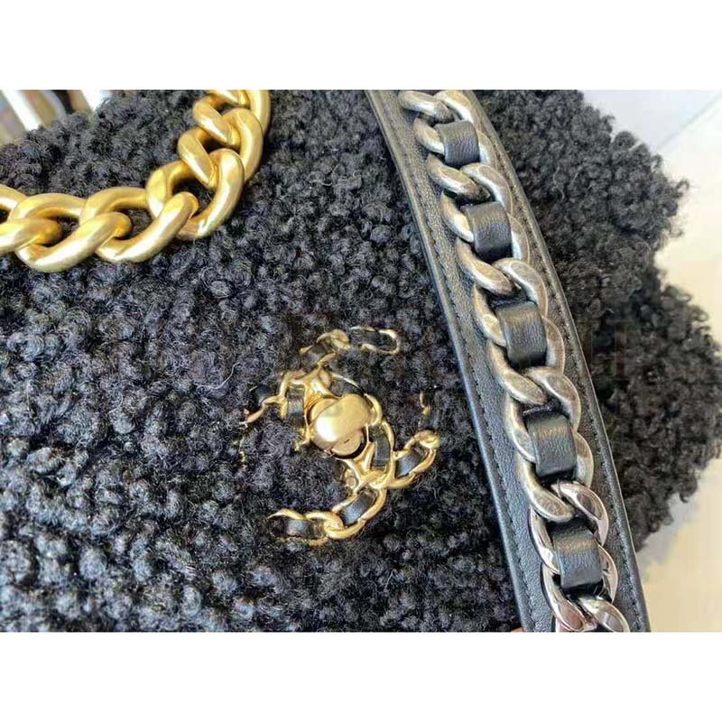 Ch**el Women Ch**el 19 Large Flap Bag Tweed Gold-Silver-Tone &amp; Ruthenium-Finish Metal Black Master Quality