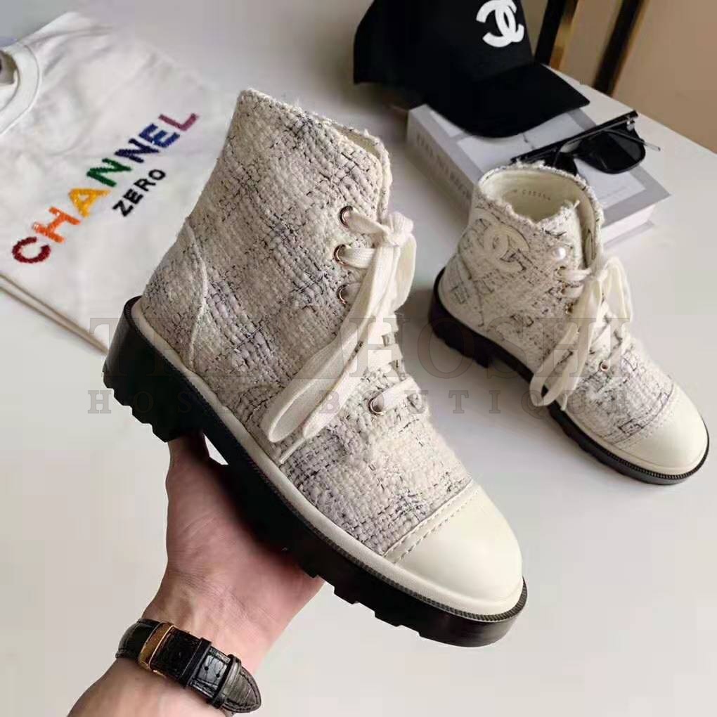 Ch**el Women Ankle Boots in Tweed & Calfskin 3.6 cm Heel-Beige Master Quality