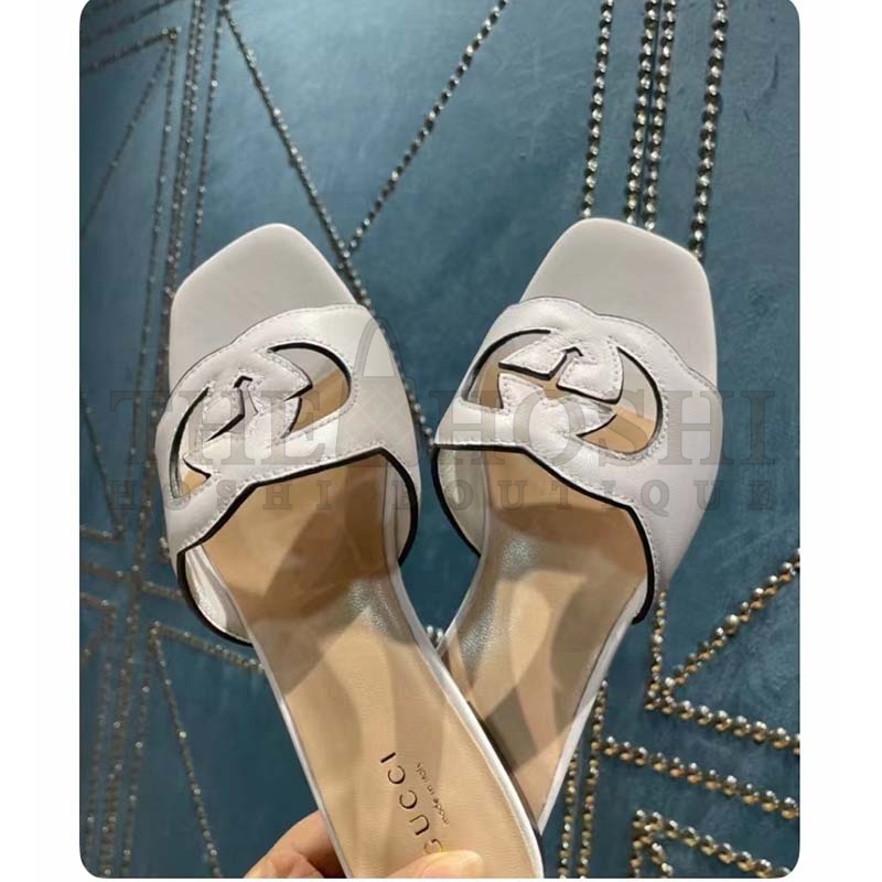 Gvc*1 Unisex Interlocking G Cut-Out Slide Sandals White Leather Flat 1 cm Heel Master Quality