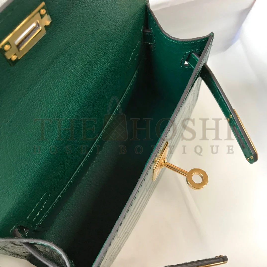 H**me5 Kelly Mini II Sellier Bag In Green Crocodile Embossed Leather Master Quality