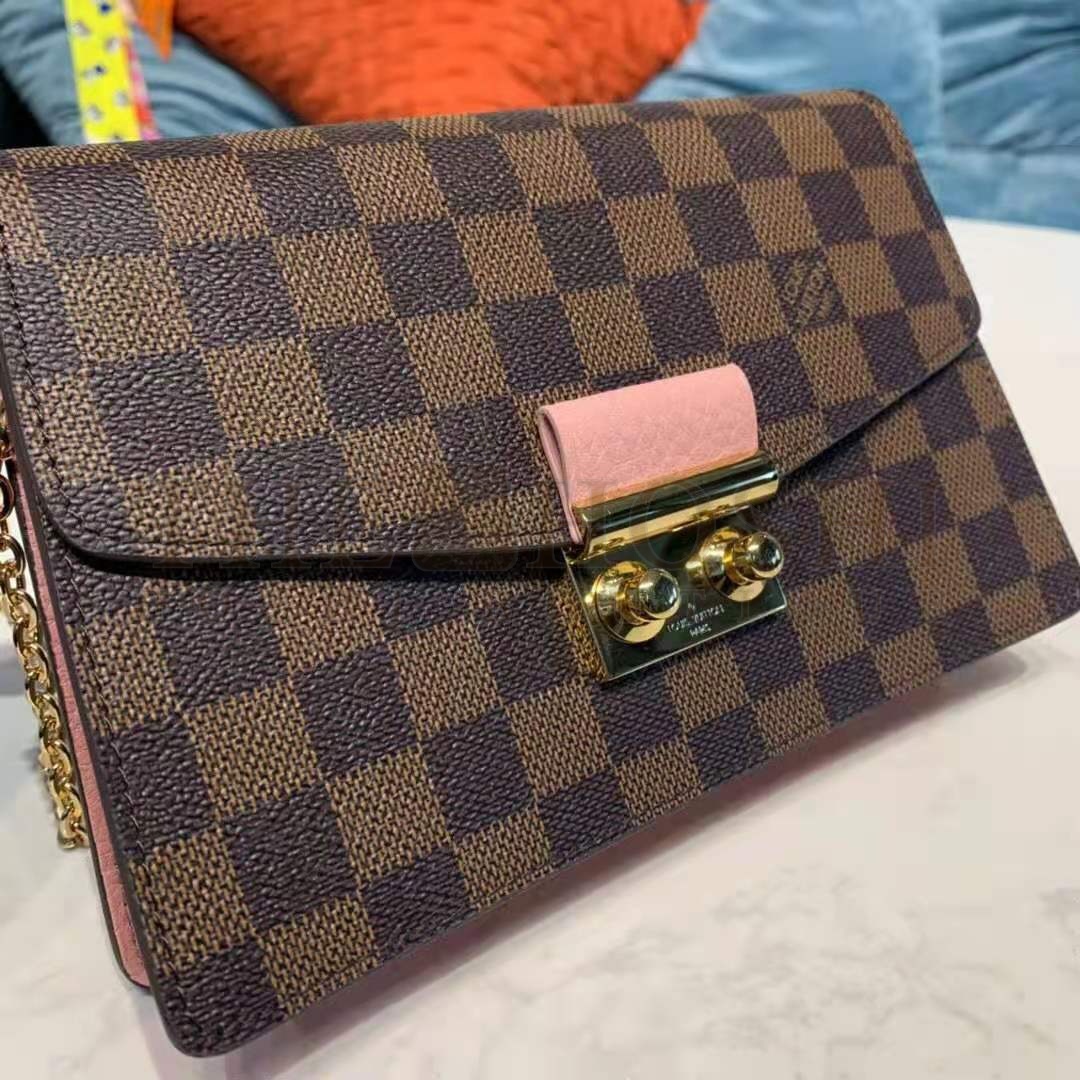 L0vis Vvtt0n LV Women Croisette Chain Wallet Magnolia Pink Damier Ebene Coated Canvas Master Quality