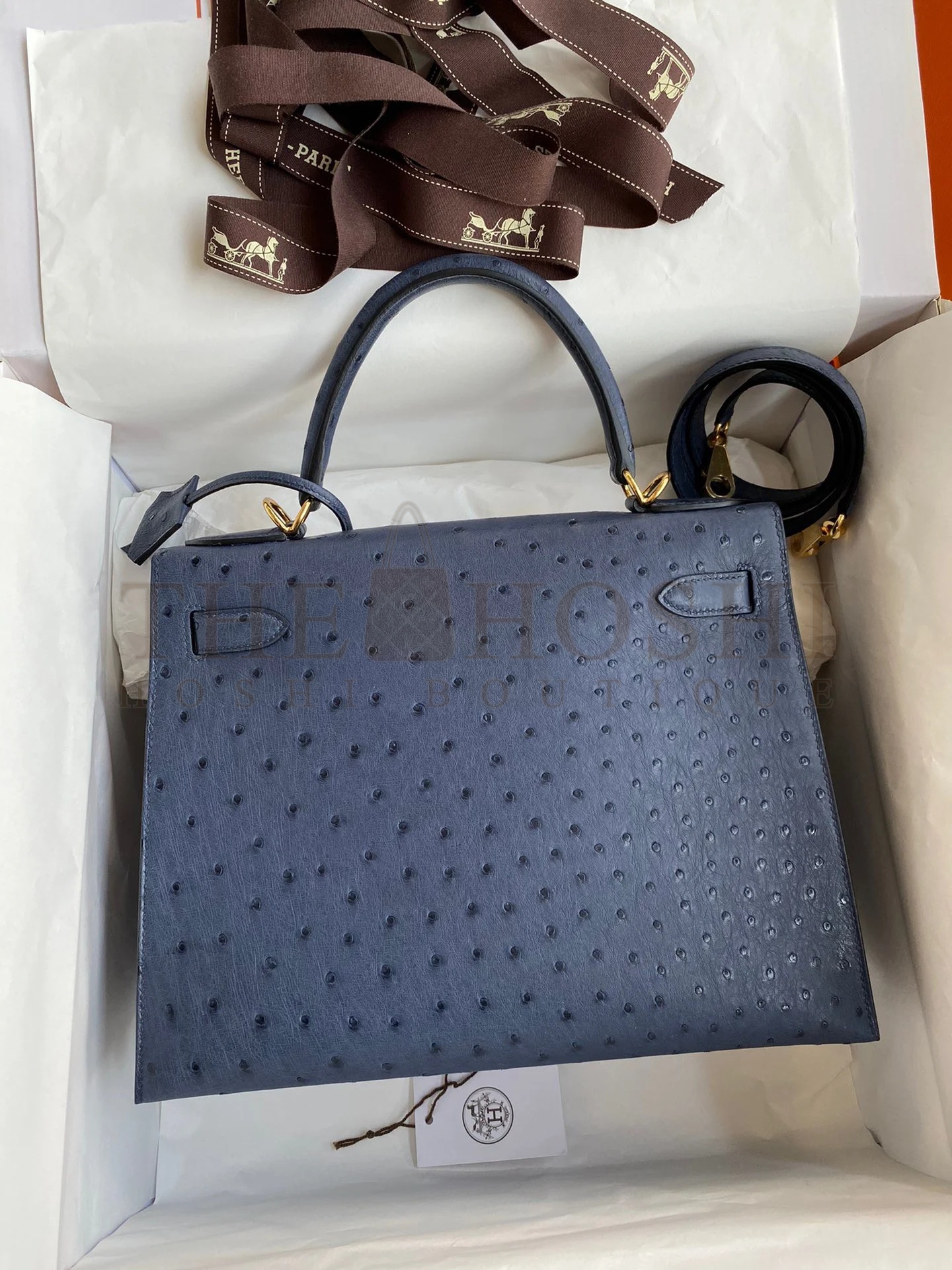 H**me5 Kelly Sellier 28 Handmade Bag In Blue Iris Ostrich Leather Master Quality