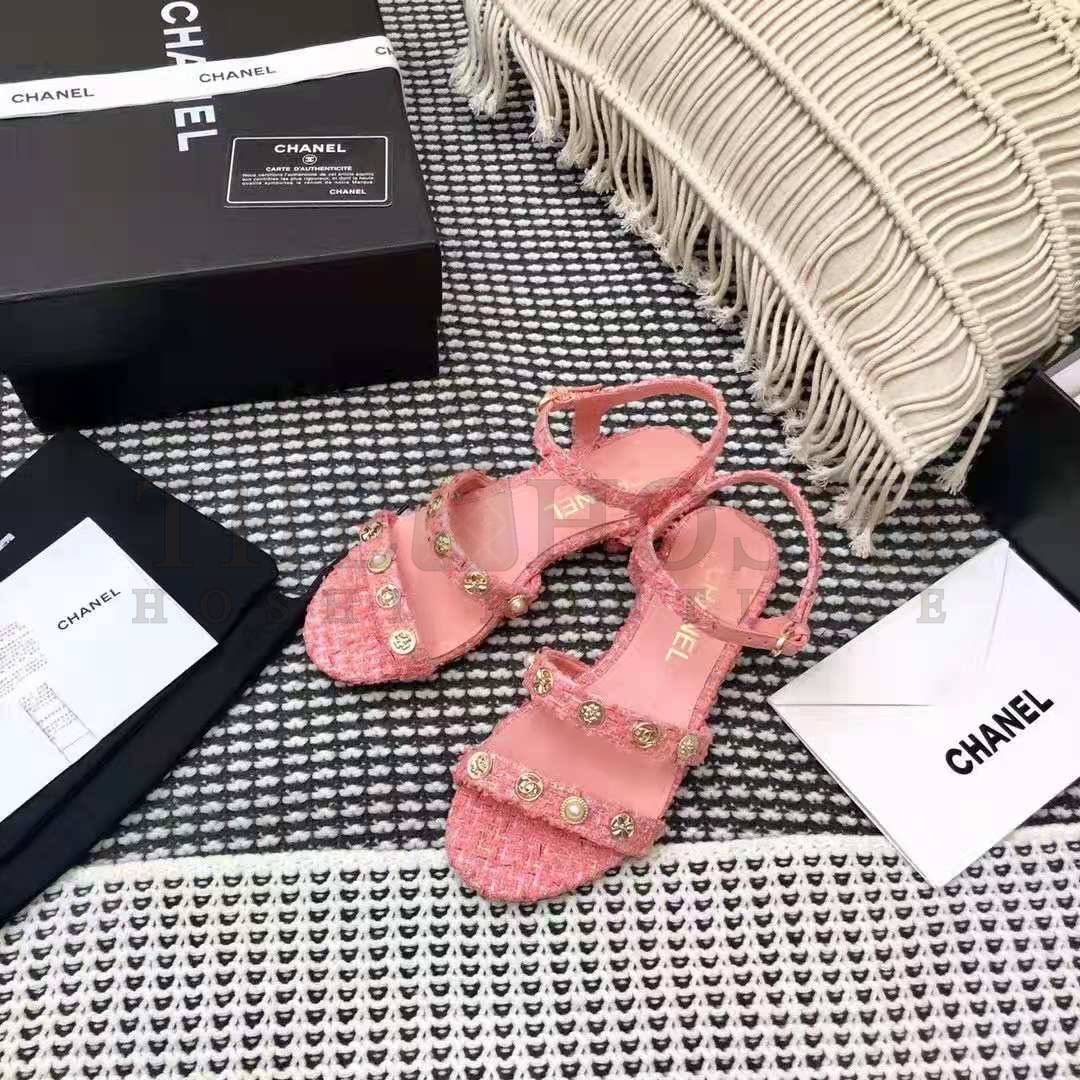 Ch**el Women Sandals Cotton Tweed &amp; Jewelry Coral &amp; Pink 2.5 cm Heel Master Quality