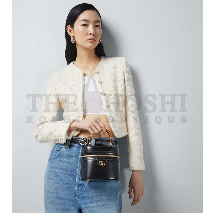 Gvc*1 Women GG Mini Bamboo Shoulder Bag Black Leather Bamboo Handle Double G Master Quality