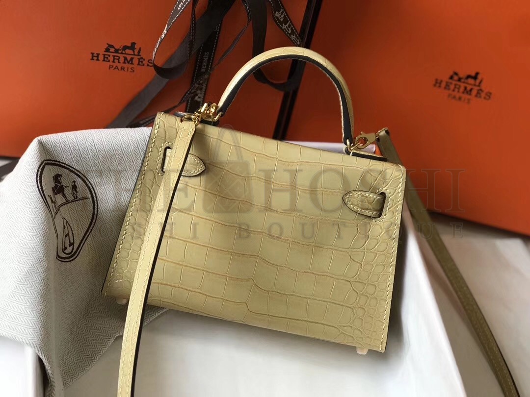 H**me5 Kelly Mini II Bag In Vanille Crocodile Embossed Leather Master Quality