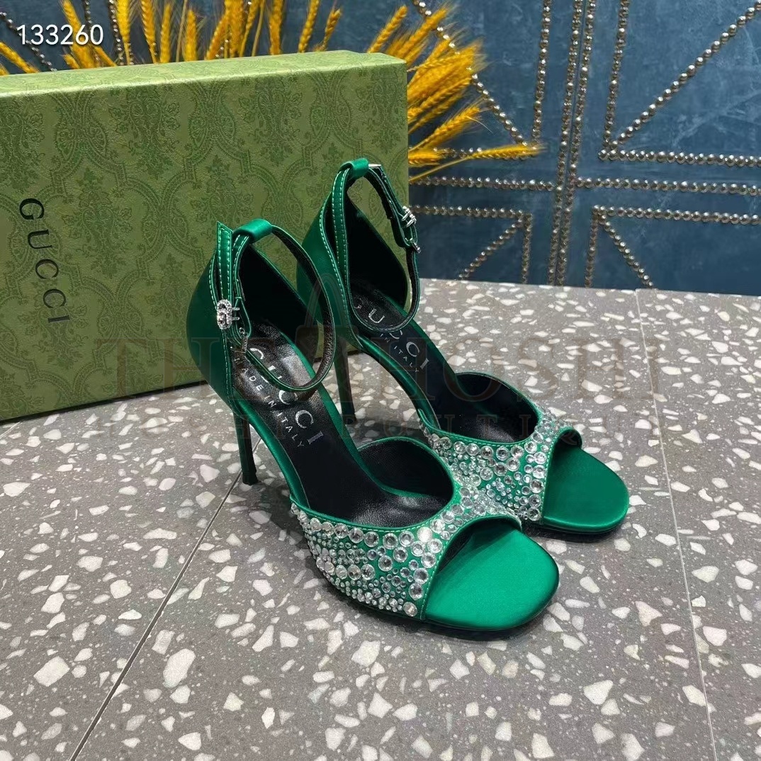 Gvc*1 Women G2 Mid-Heel Sandals Crystals Emerald Green Satin 11 CM Heel Double G Master Quality