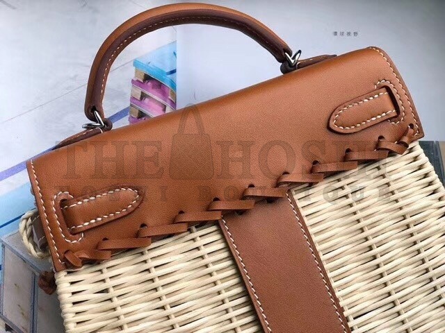 H**me5 Brown Picnic Kelly Mini 20cm Wicker Bag Master Quality