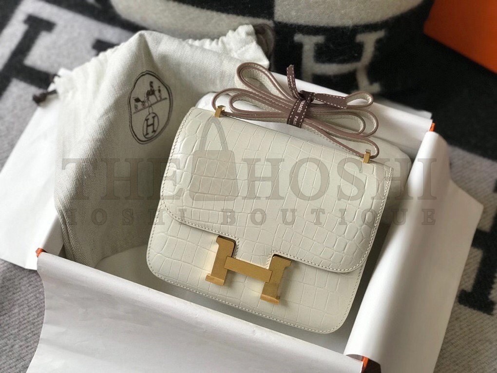 H**me5 Constance 18cm Bag In White Embossed Crocodile Master Quality
