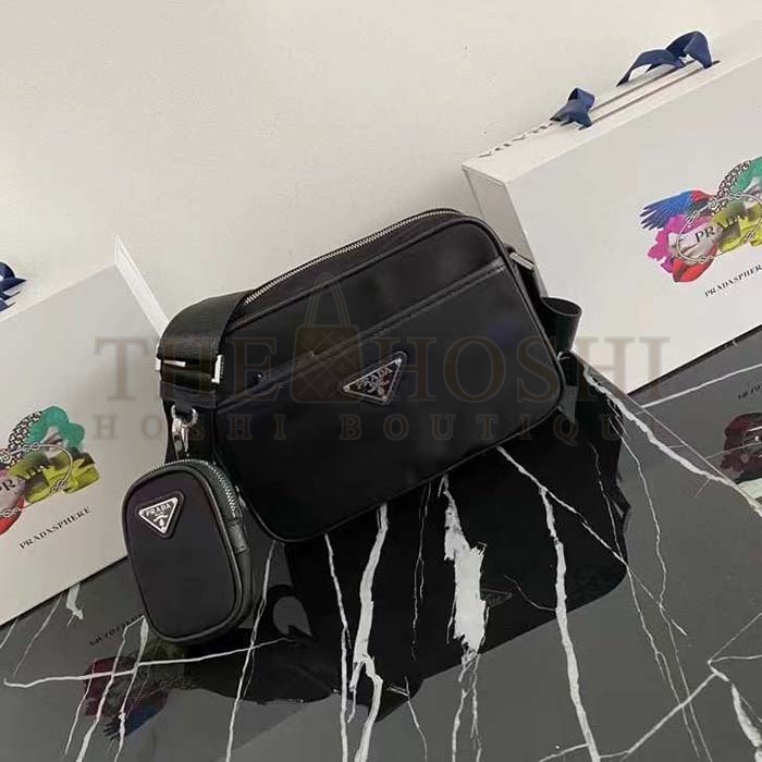 Pra*a Unisex Re-Nylon Saffiano Shoulder Bag Black Zipper Closure Fabric Master Quality