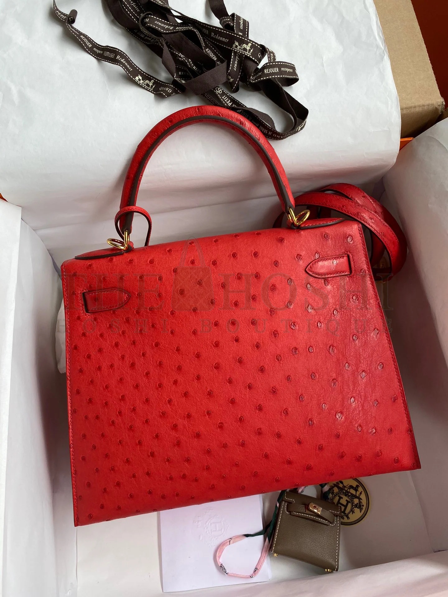 H**me5 Kelly Sellier 28 Handmade Bag In Red Ostrich Leather Master Quality