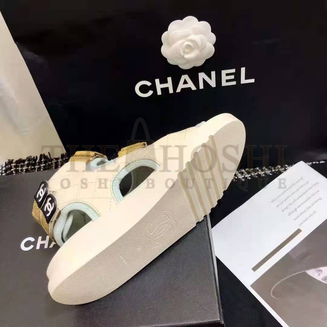 Ch**el Women Sandals Goatskin Fabric &amp; TPU White Light Grey &amp; Navy Blue Master Quality