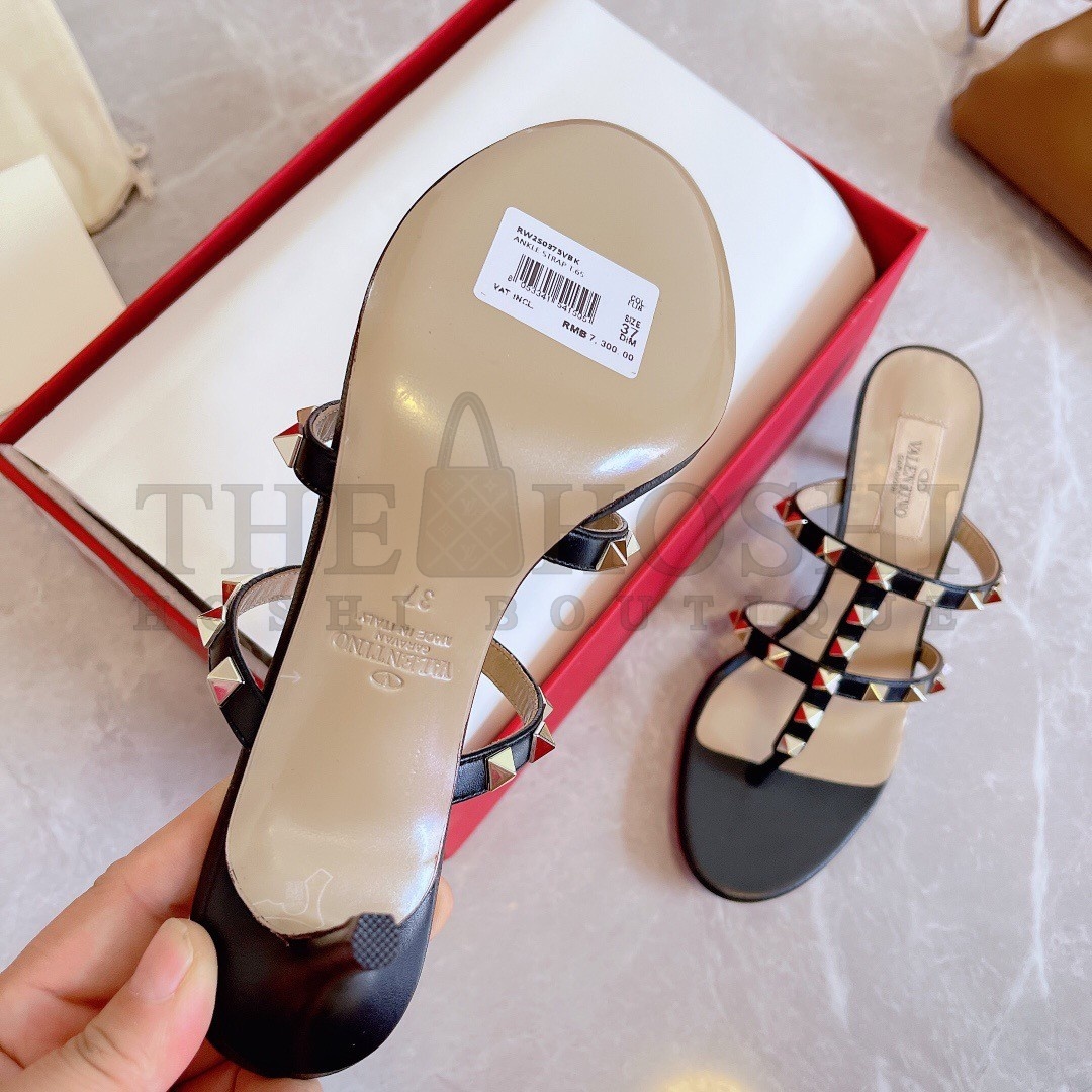 Va1e*ntin0 Rockstud Flip Flop Sandals 50mm In Black Calfskin Master Quality