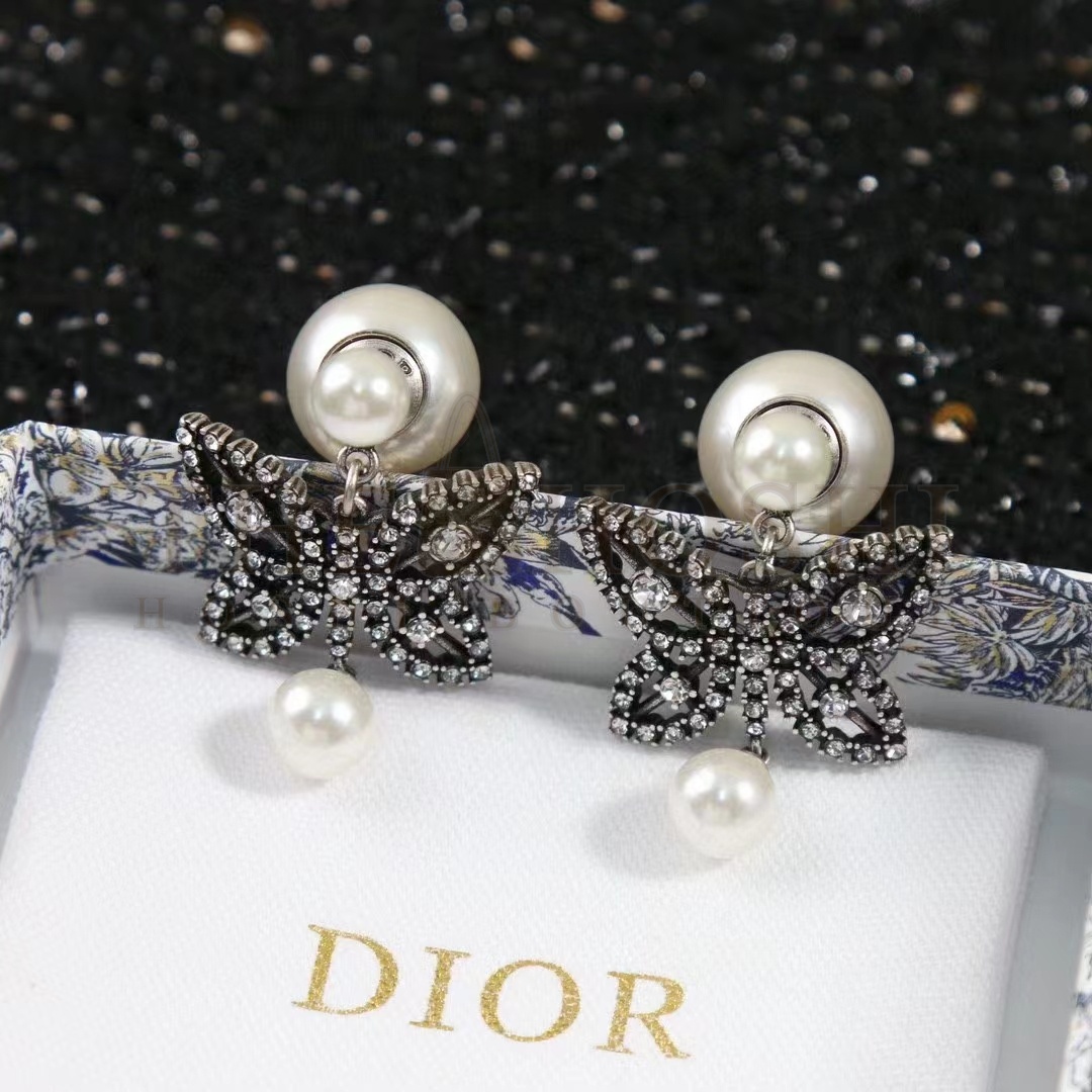D10r Women CD Papillon De Nuit Earrings Antique Silver Metal Pearls Master Quality