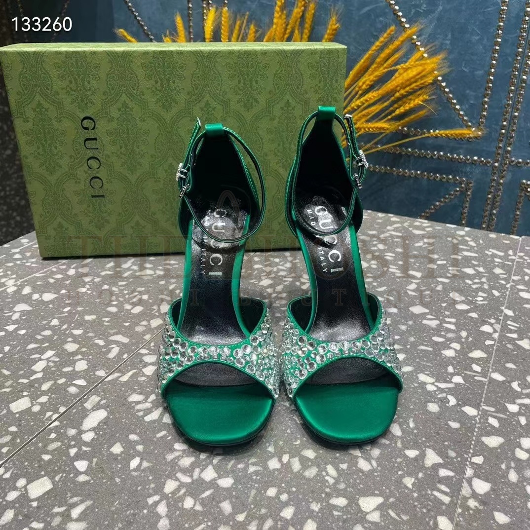 Gvc*1 Women G2 Mid-Heel Sandals Crystals Emerald Green Satin 11 CM Heel Double G Master Quality