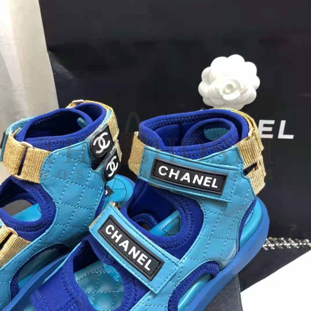 Ch**el Women Sandals Goatskin Fabric &amp; TPU Blue Dark Blue &amp; Black Master Quality