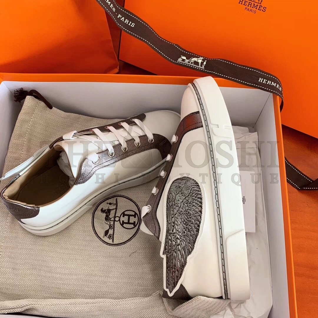 H**me5 Velvet Sneakers In Blanc Calfskin With Printed Wing Patch Master Quality