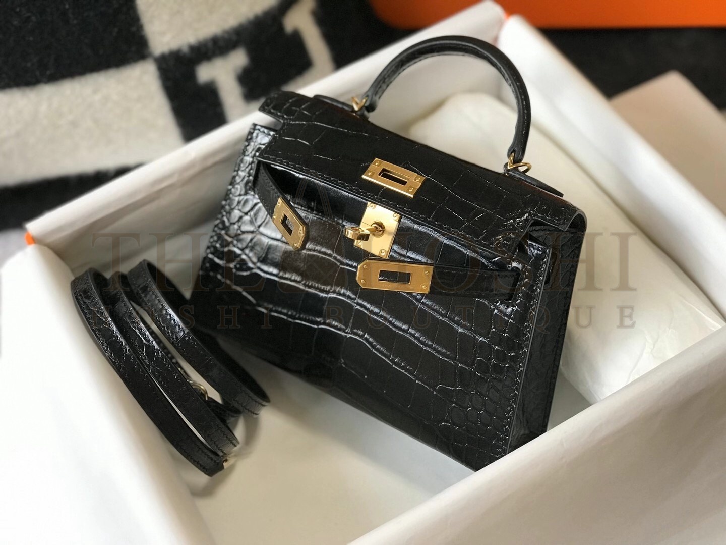 H**me5 Kelly Mini II Bag In Black Embossed Crocodile Calfskin Master Quality
