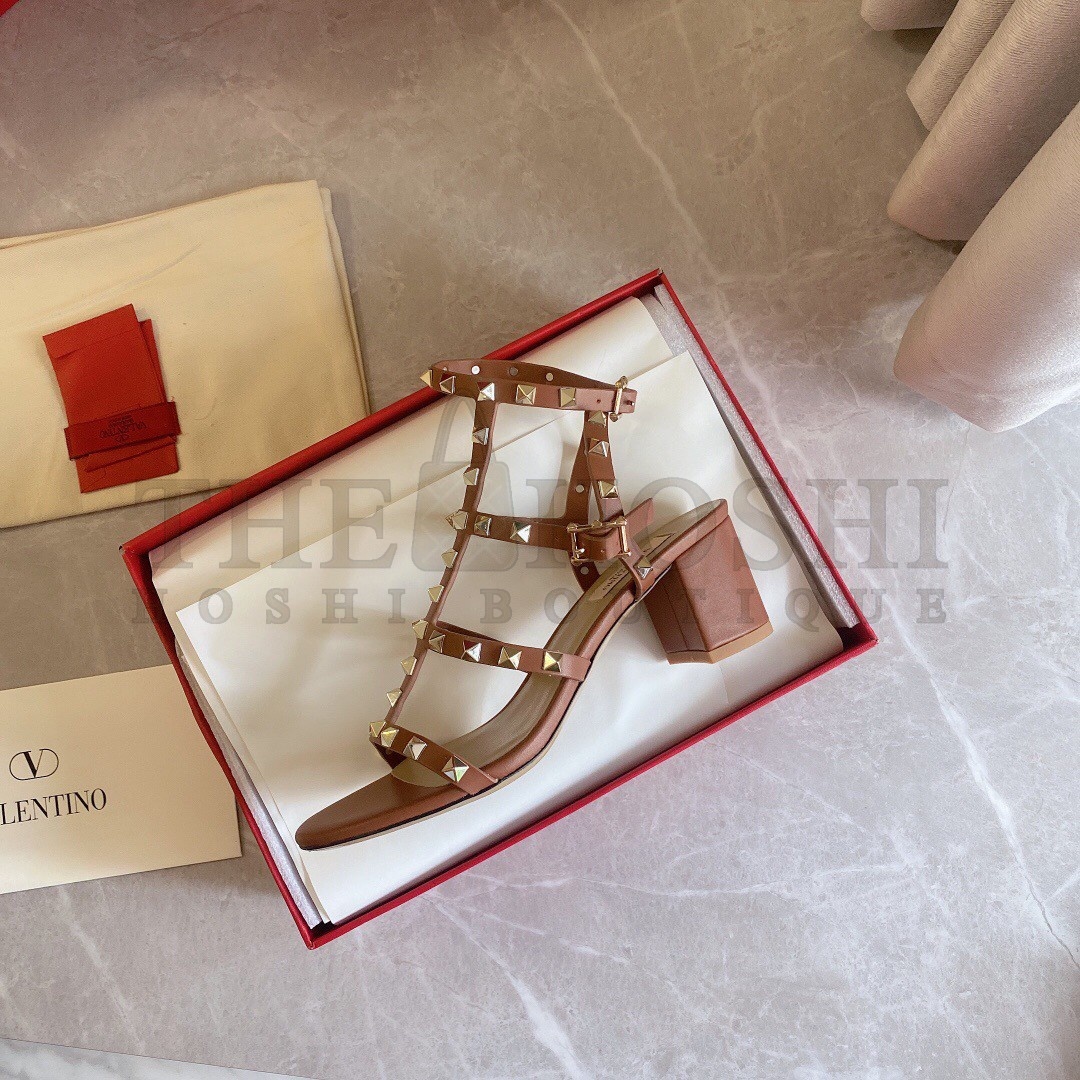 Va1e*ntin0 Rockstud Ankle Strap Sandals 60mm In Brown Calfskin Master Quality