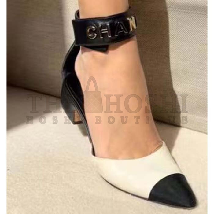 Ch**el Women CC Sandals Calfskin Black White Gold Tone Metal Logo Master Quality