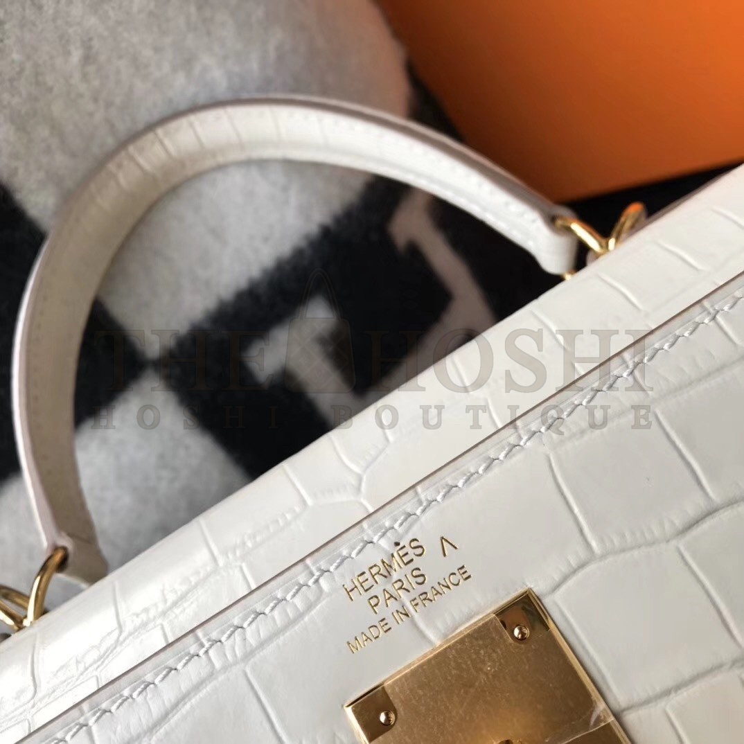 H**me5 Kelly 28cm Bag In White Embossed Crocodile GHW Master Quality