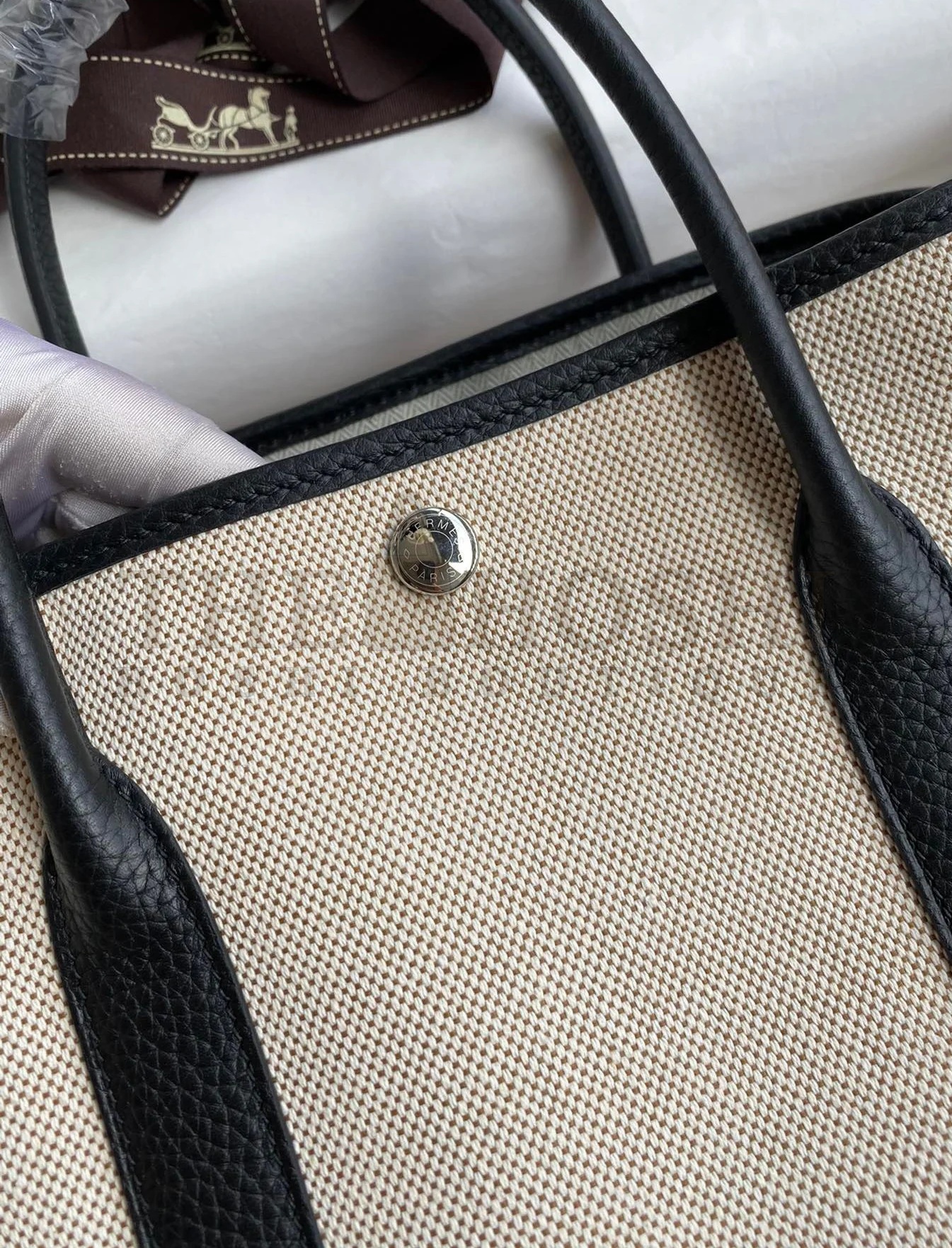 H**me5 Garden Party 30 Handmade Bag in Toile and Black Leather Master Quality