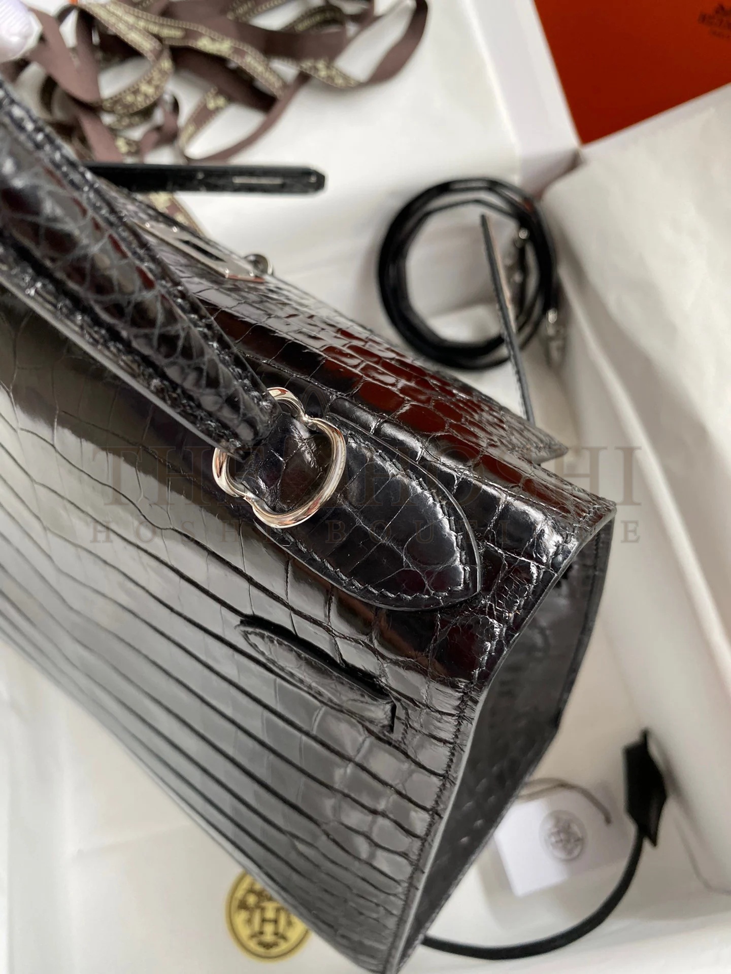 H**me5 Kelly Sellier 28 Handmade Bag In Black Crocodile Niloticus Shiny Skin Master Quality