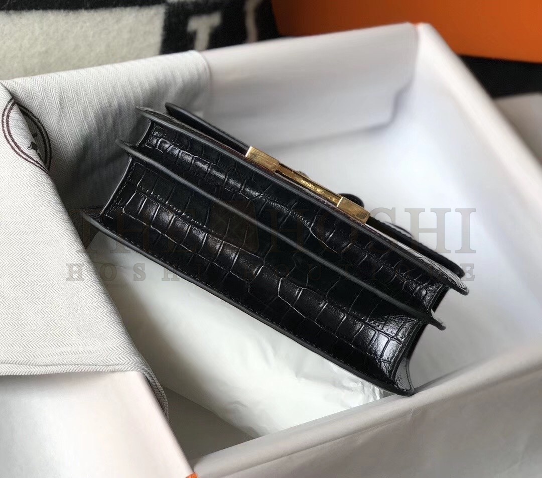 H**me5 Constance 18cm Bag In Black Embossed Crocodile Master Quality