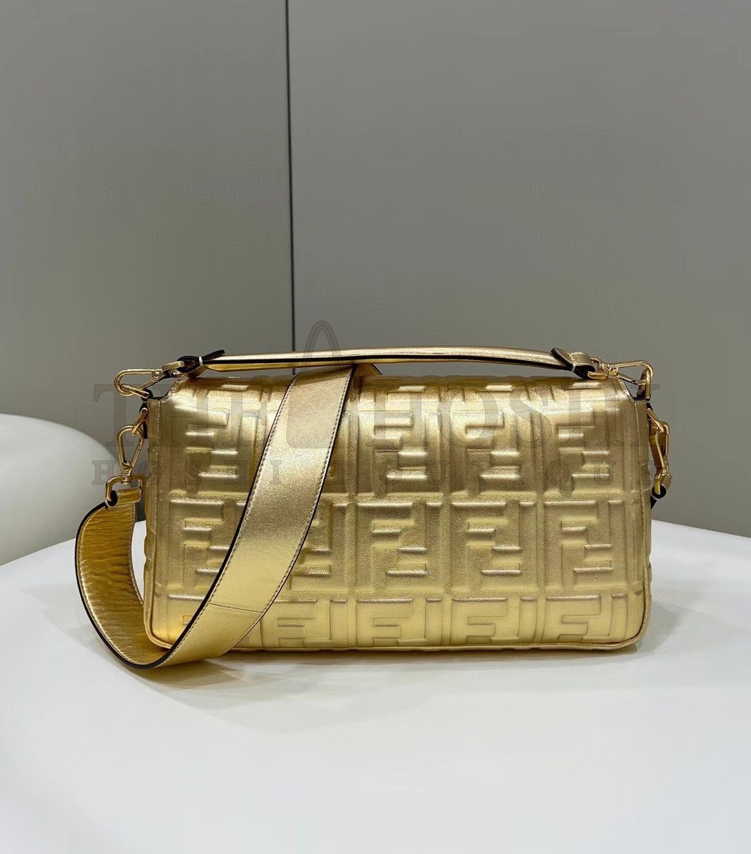 F**di Large Baguette Bag In Gold FF Metallic Leather Master Quality