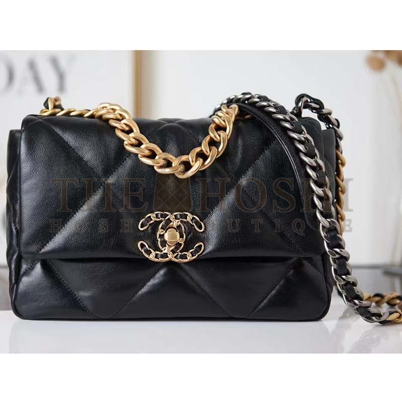 Ch**el Women 19 Handbag Lambskin Gold Silver-Tone Ruthenium-Finish Metal Black Master Quality