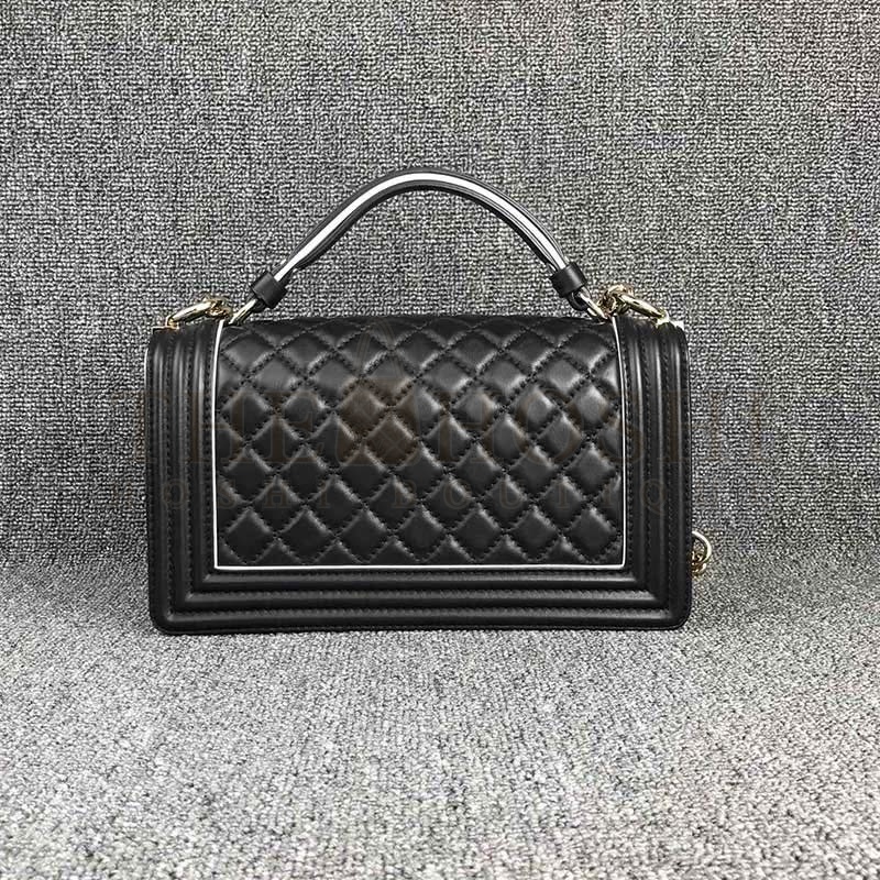 Ch**el Women Leboy Flap Bag in D1am0nd Pattern Calfskin Leather with Top Handle-Black Master Quality