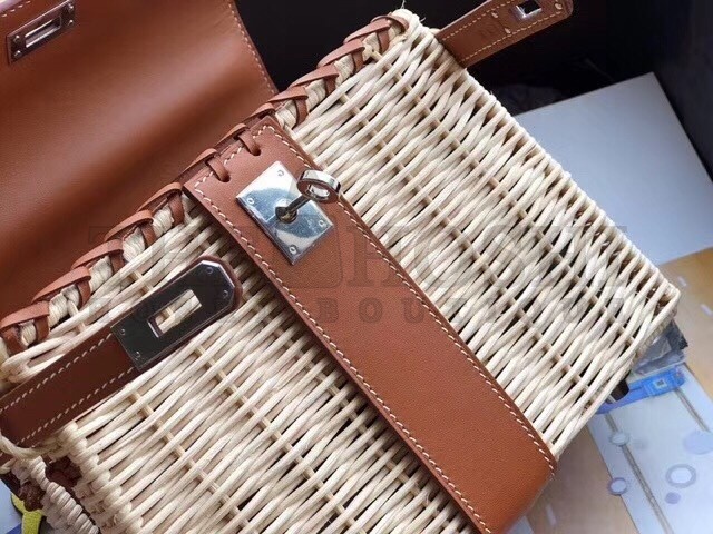 H**me5 Brown Picnic Kelly Mini 20cm Wicker Bag Master Quality