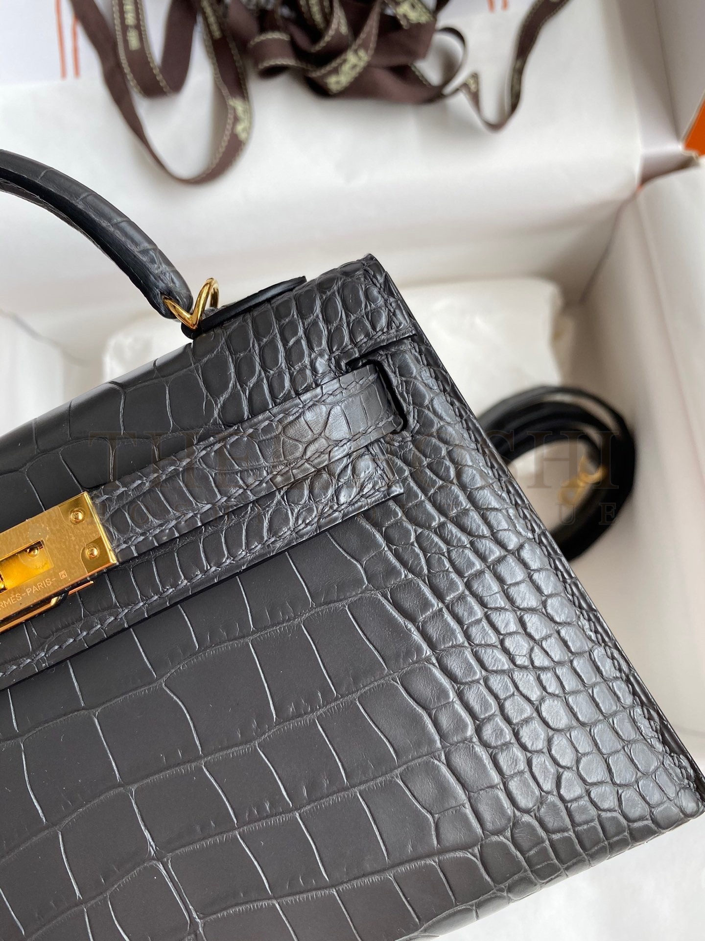 H**me5 Kelly Mini II Sellier Handmade Bag In Graphite Matte Alligator Leather Master Quality