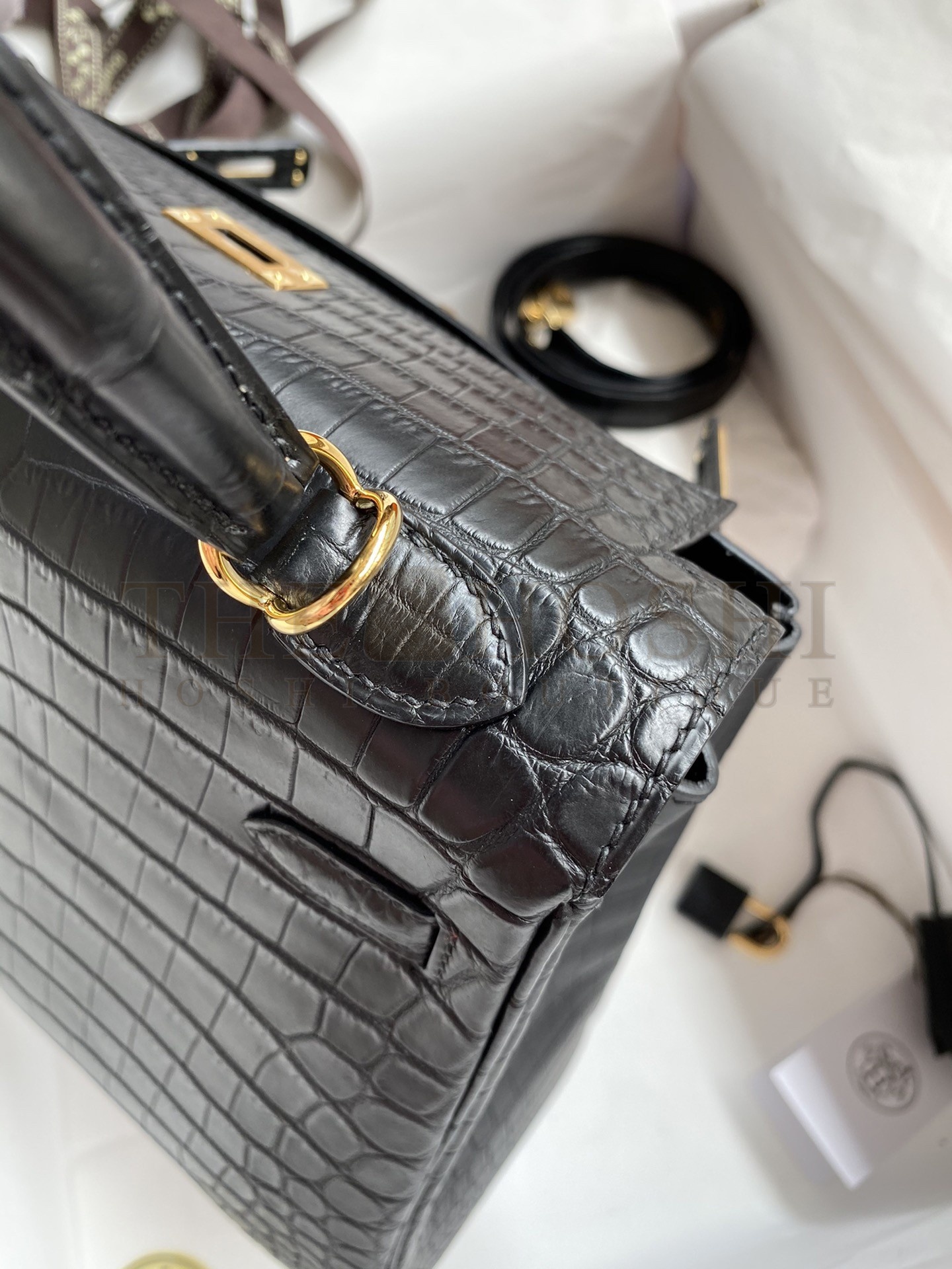 H**me5 Kelly Sellier 25 Handmade Bag In Black Crocodile Niloticus Matte Skin Master Quality