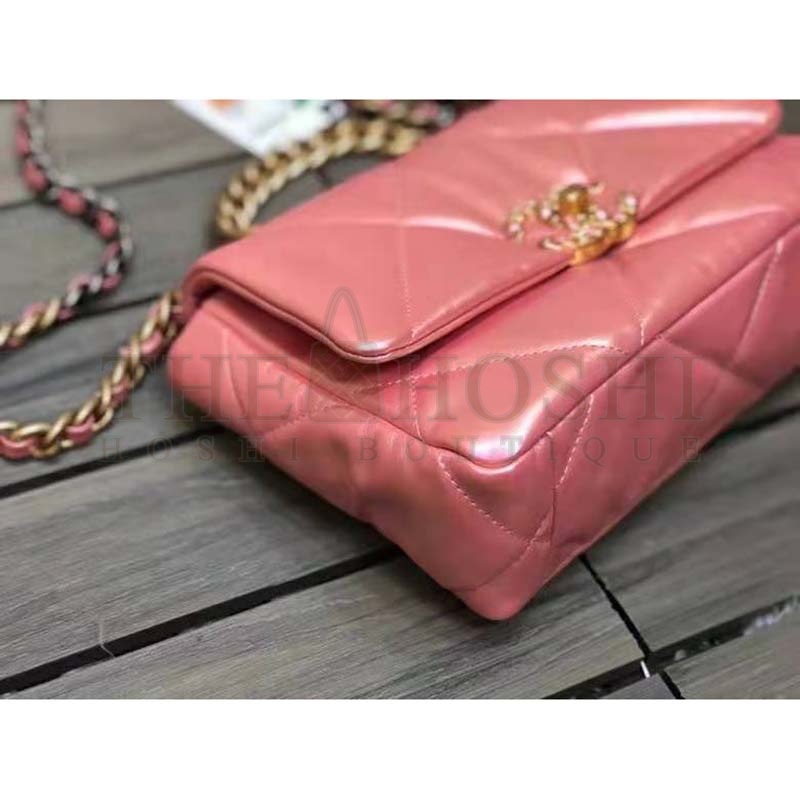 Ch**el Women 19 Flap Bag Lambskin Gold Silver-Tone &amp; Ruthenium-Finish Metal Coral Master Quality