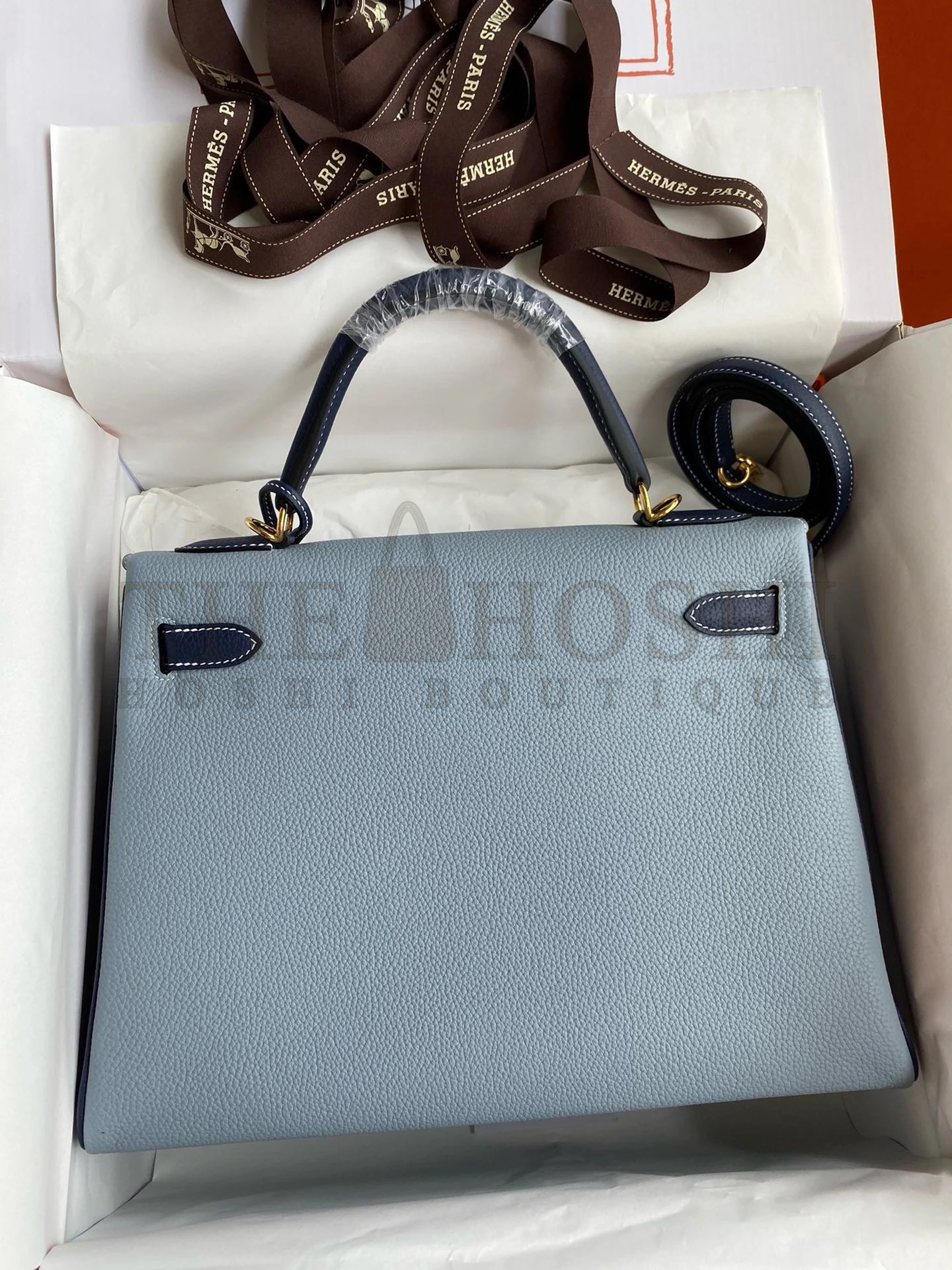 H**me5 HSS Kelly 32 Bicolor Bag in Blue Lin and Blue Clemence Leather Master Quality