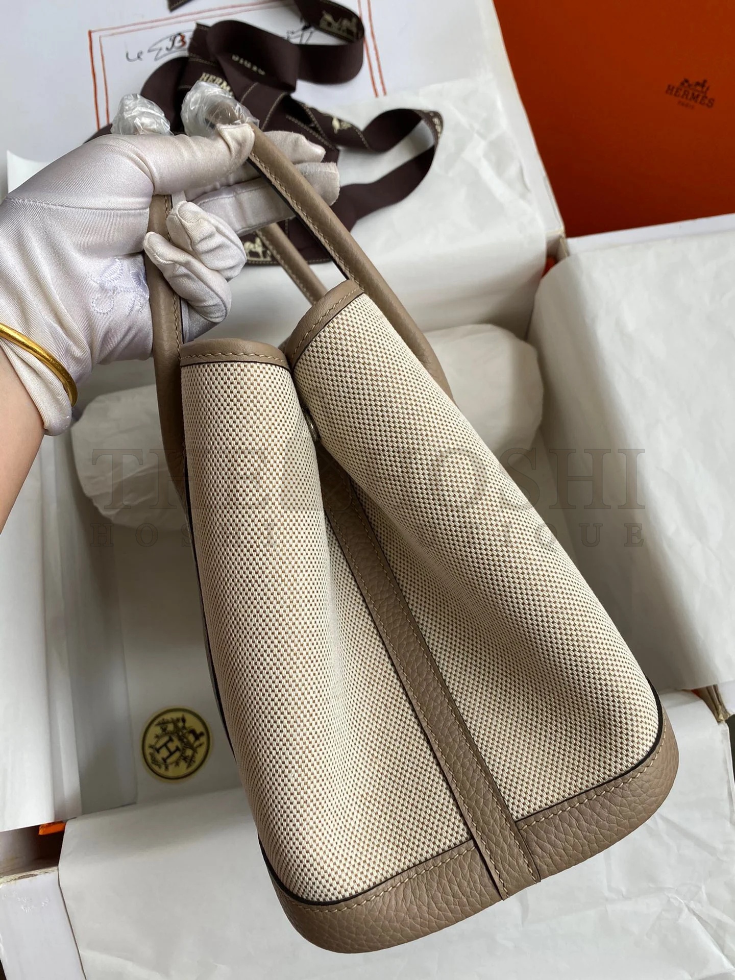 H**me5 Garden Party 30 Handmade Bag in Toile and Tourterelle Leather Master Quality