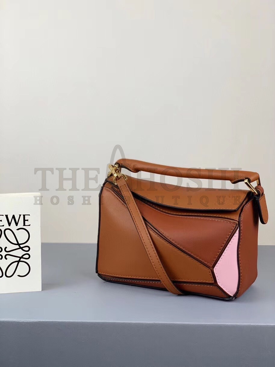 L0ew* Mini Puzzle Bag In Brown/Camel/Pink Calfskin Master Quality