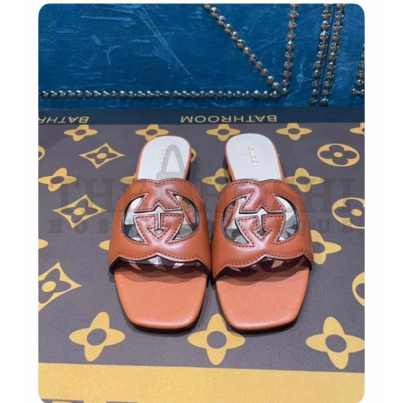 Gvc*1 Unisex Interlocking G Slide Sandals Orange Leather Cut-Out Flat Master Quality