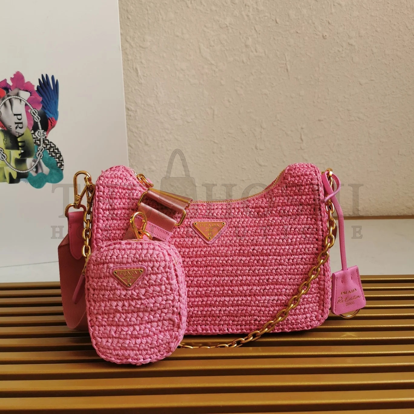Pra*a Re-Edition 2005 Shoulder Bag In Pink Raffia Master Quality