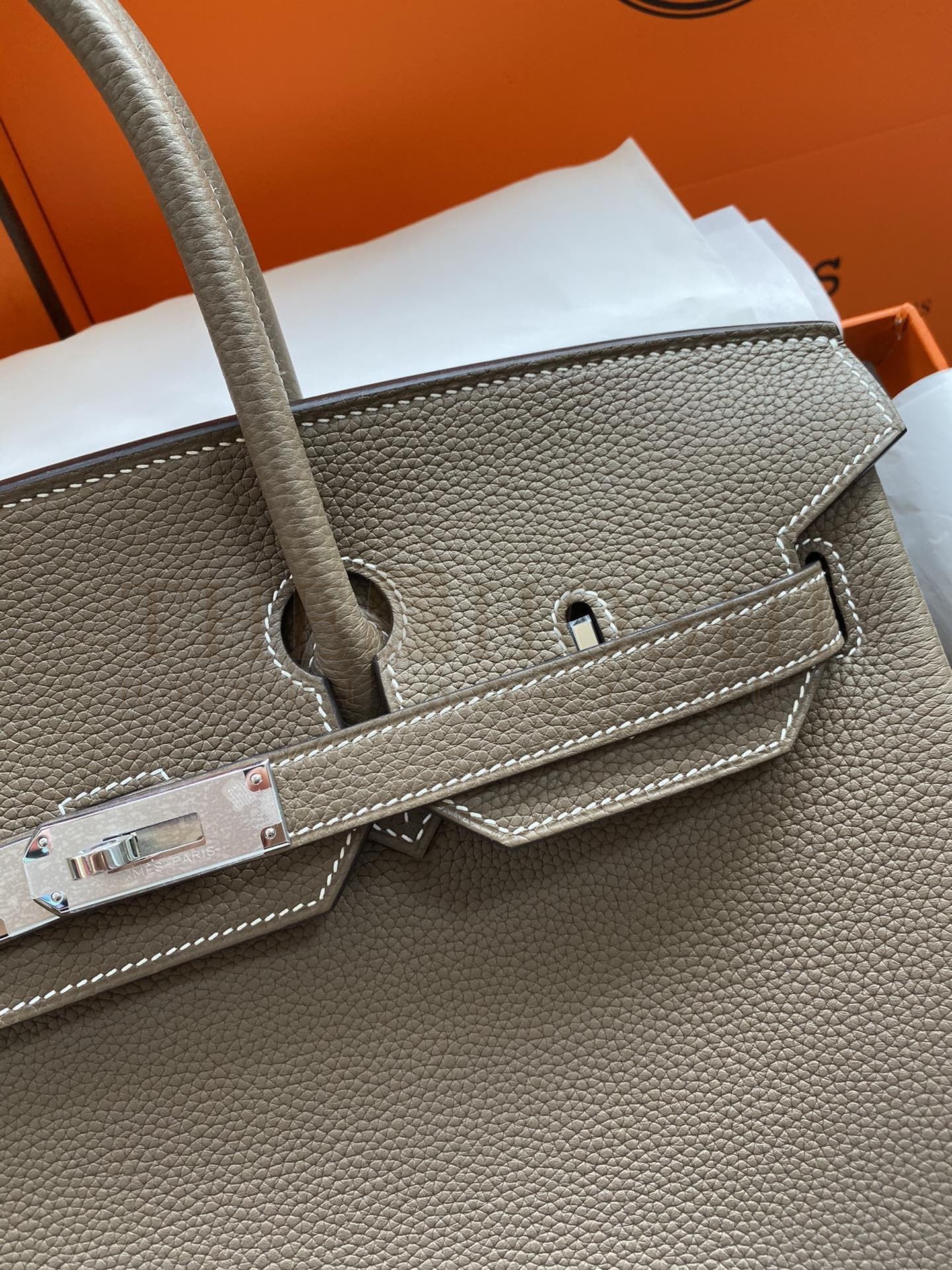 H**me5 Birkin 35 Retourne Handmade Bag In Taupe Clemence Leather Master Quality